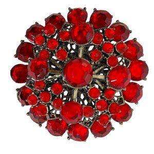 Vintage Round Red Rhinestone Brooch Pin With Intricate Metalwork Design